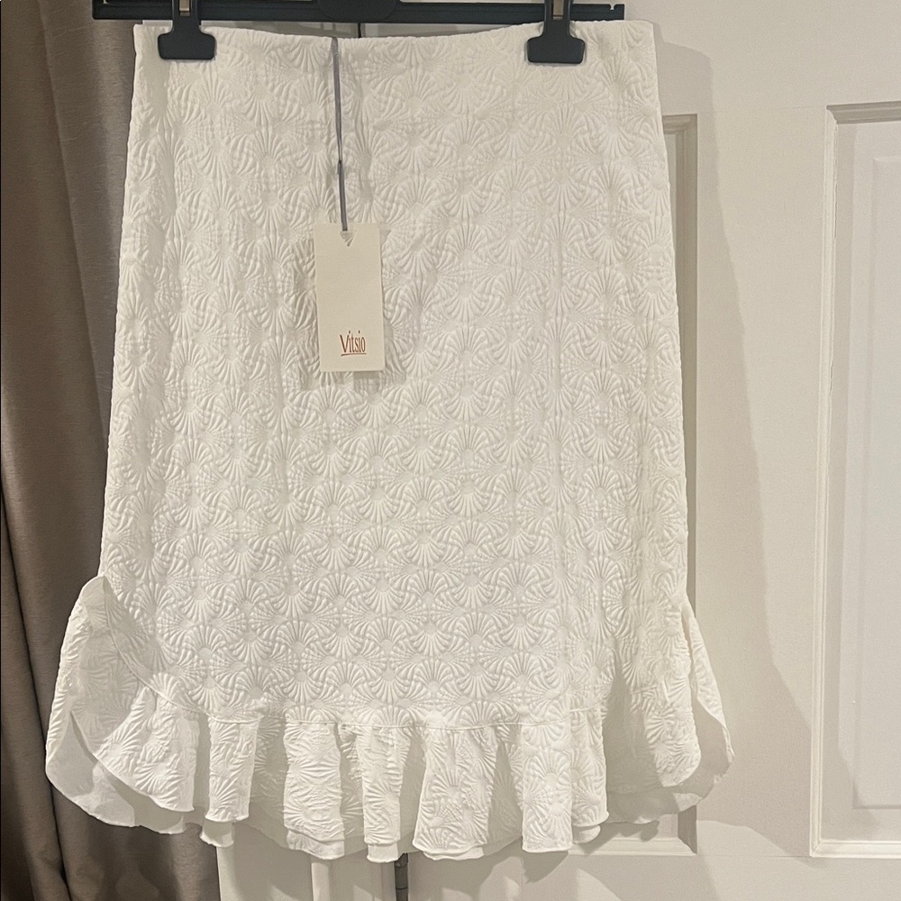 White Textured A-Line Skirt with Ruffle Hem